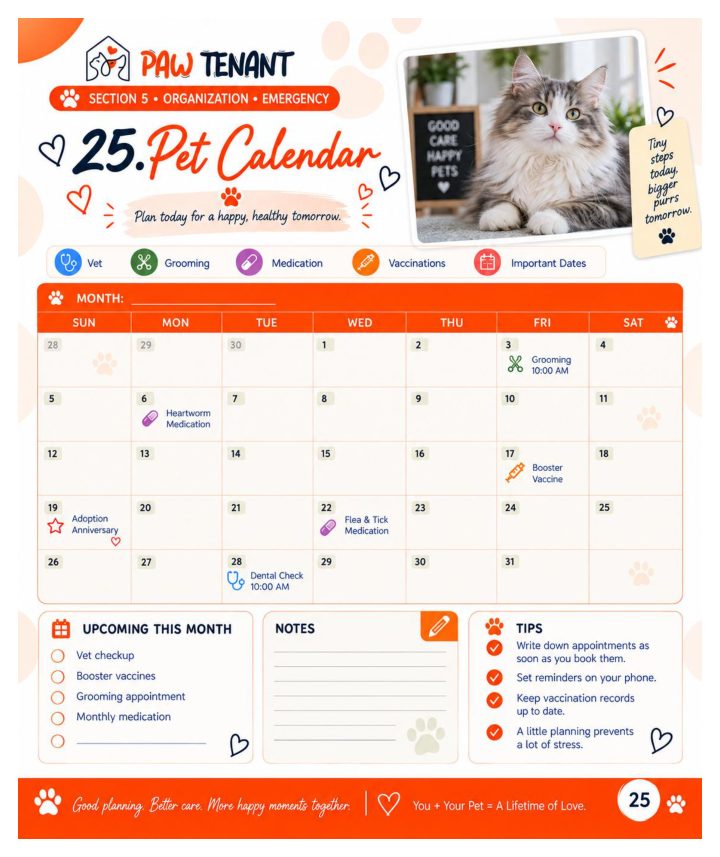 Monthly pet calendar page from the Pet Care Planner for vet visits, grooming, medication and vaccinations