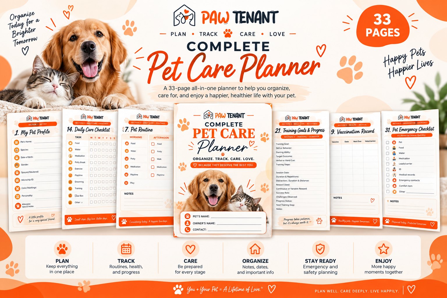 Complete Pet Care Planner by PawTenant — a 33-page all-in-one planner: pet profile, daily care checklist, routine, training goals, vaccination record and emergency checklist pages
