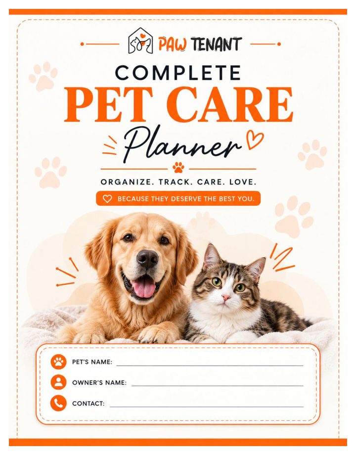 Cover of the Pet Care Planner by PawTenant showing a golden retriever and a tabby cat