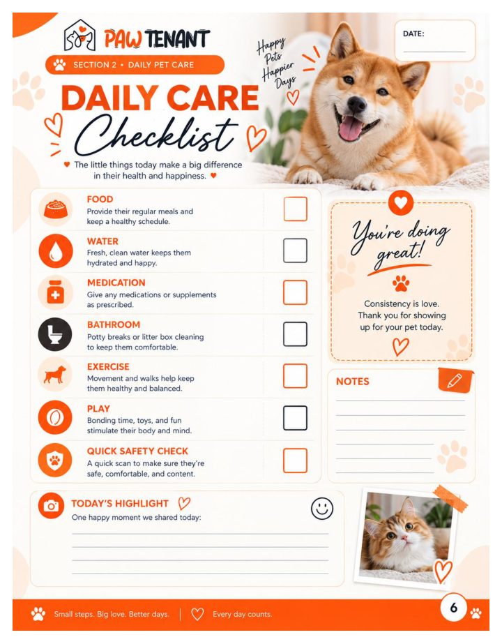 Daily care checklist page from the Pet Care Planner with food, water, medication, exercise and play items