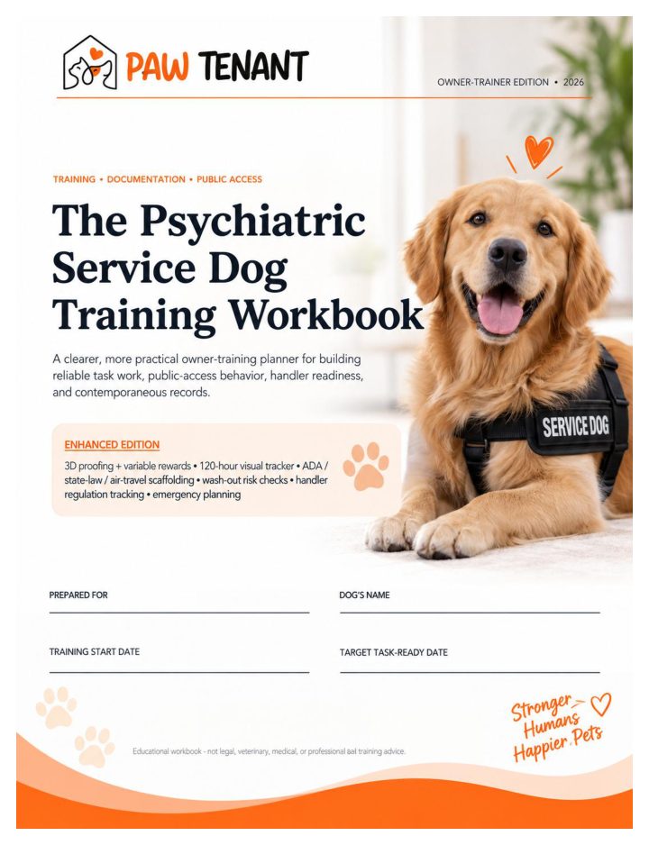 Cover of the Psychiatric Service Dog Training Workbook by PawTenant, owner-trainer edition, with a golden retriever in a service dog vest