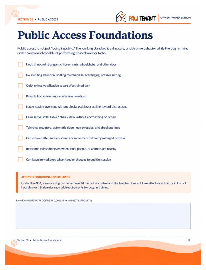 Public Access Foundations checklist page from the PSD Training Workbook